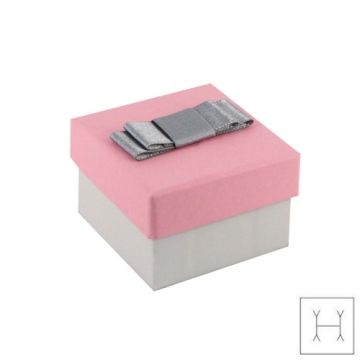 Ozdobne papierowe pudełko na biżuterię - szaro różowe z kokardką - z gąbką, 5,5 x 5,5 cm