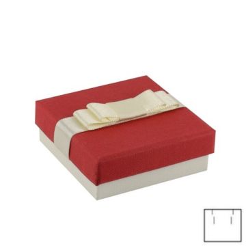 Ozdobne papierowe pudełko na biżuterię - czerwono beżowe ze wstążką i z gąbką, 6,6 x 6,6 cm