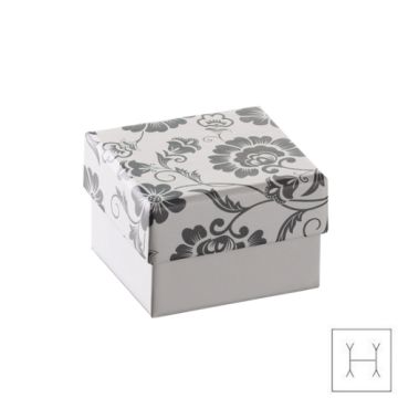 Ozdobne papierowe pudełko na biżuterię - biało szare kwiaty - z gąbką, 4,5 x 5,0 cm