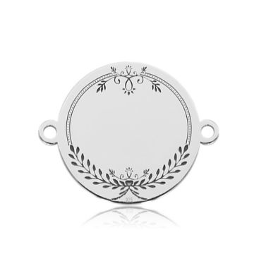 Engravable connector - Small round pendant with decorative frame , Silver 925 BL 980 - 0,8 mm