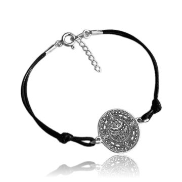 Black cord bracelet with engraved coin, 925 silver PP-0413