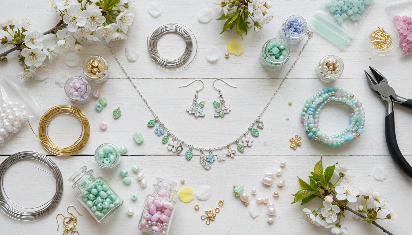 Zdjęcie przedstawia kolorowe koraliki i składanie wiosennej biżuterii