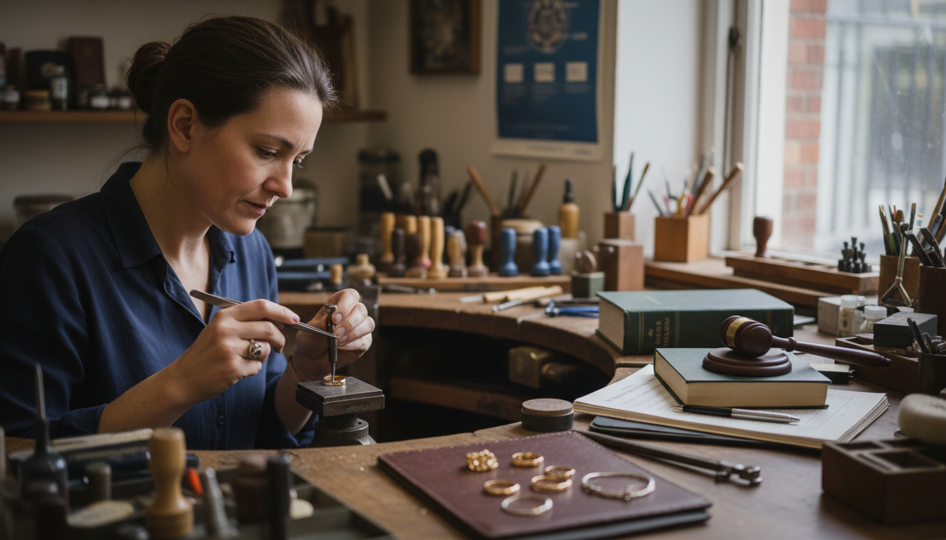 Sprzedaż biżuterii a prawo: Wszystko o cechowaniu, imienniku i obowiązkach probierczych Zdjęcie przedstawiające złotnika przy pracy w swoim warsztacie jubilerskim