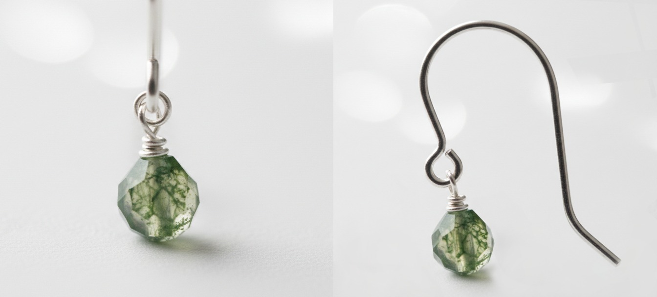 Bigiel srebrny otwarty z podwieszonym zielonym kamykiem