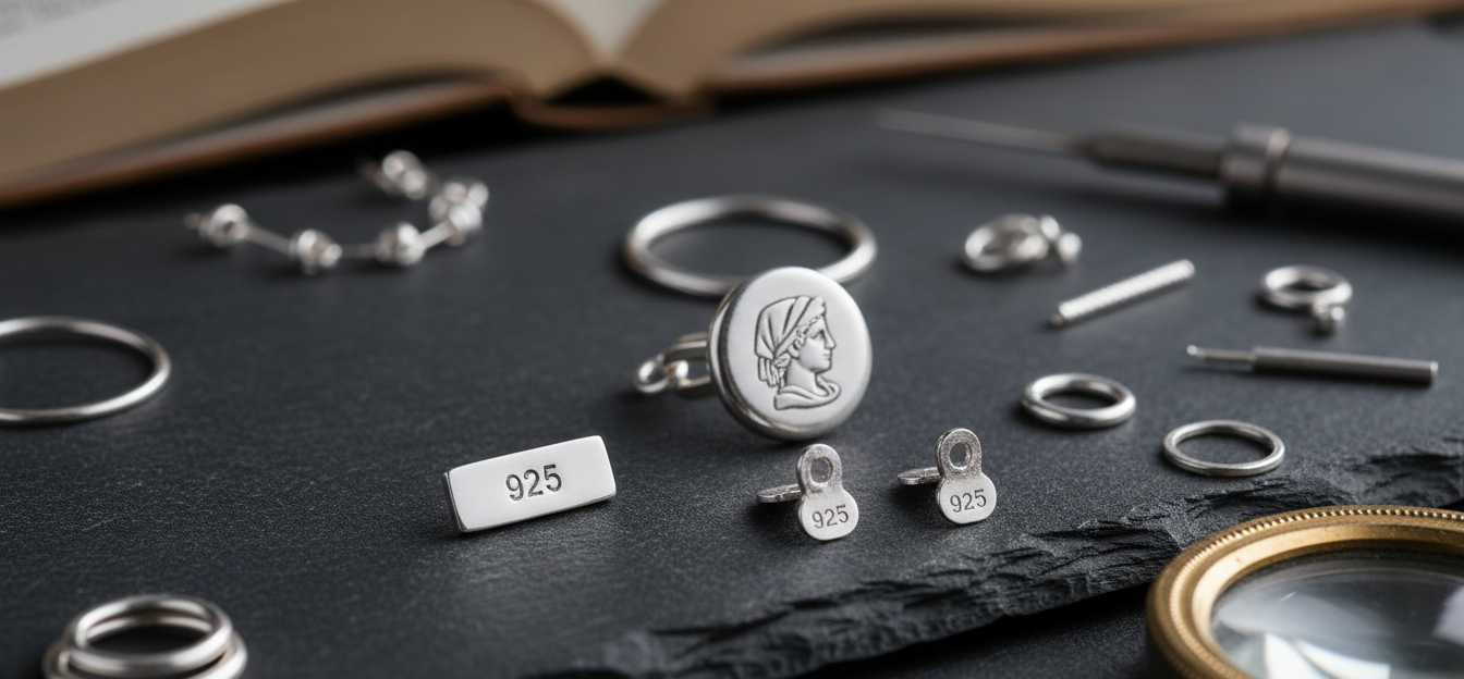 Cechy i znaki probiercze Grafika przedstawiająca produkty srebrne leżące na stole. Grafika nawiązuje do tematu cech probierczych i srebra