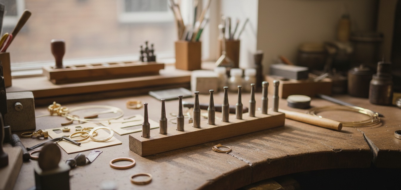 Zdjęcie przedstawiające punce na stole jubilerskim