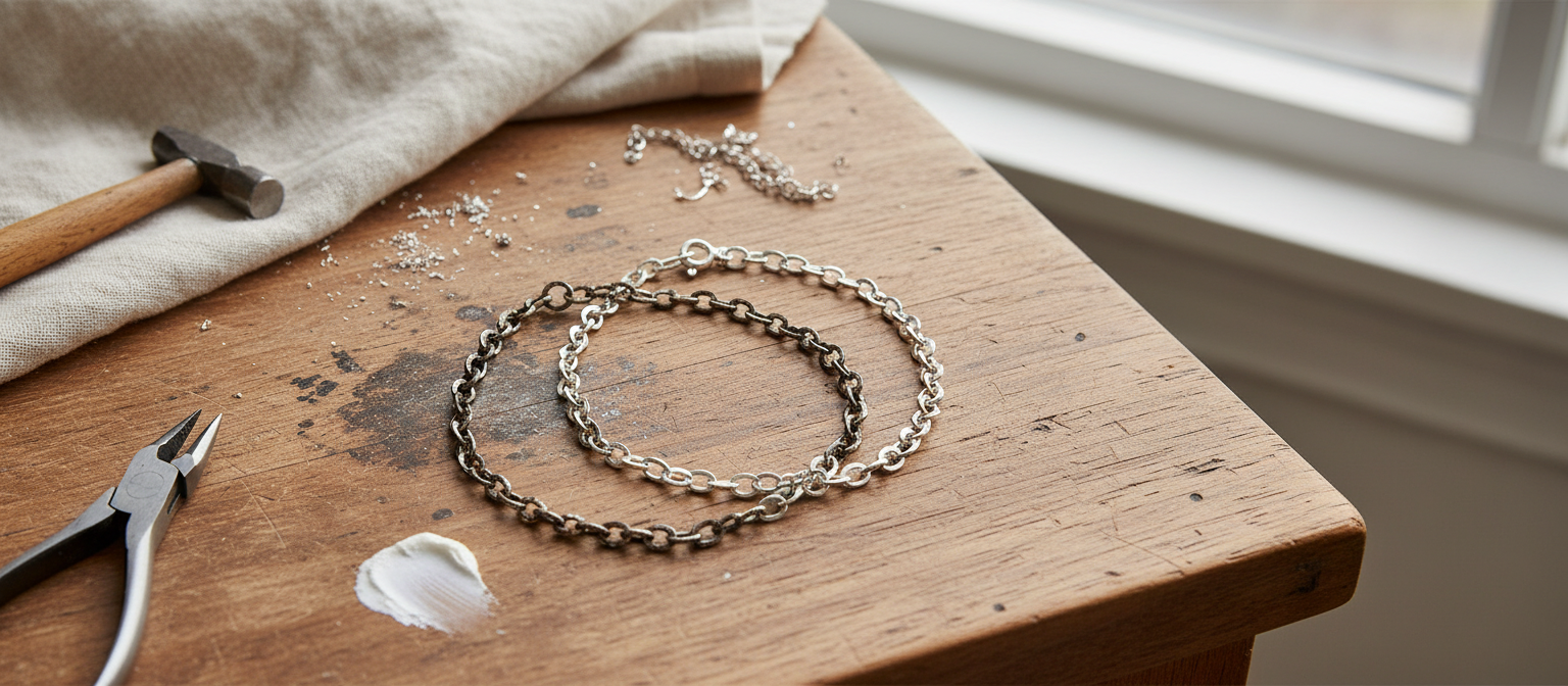 Zdjęcie przedstawia porównanie bransoletki przed i po czyszczeniu